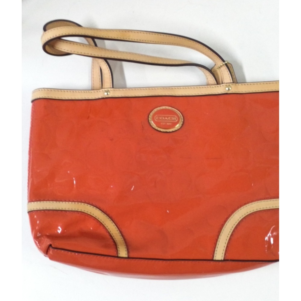 Coach Heritage Stripe Orange Patent Leather Monogram Tote Bag F18186‎